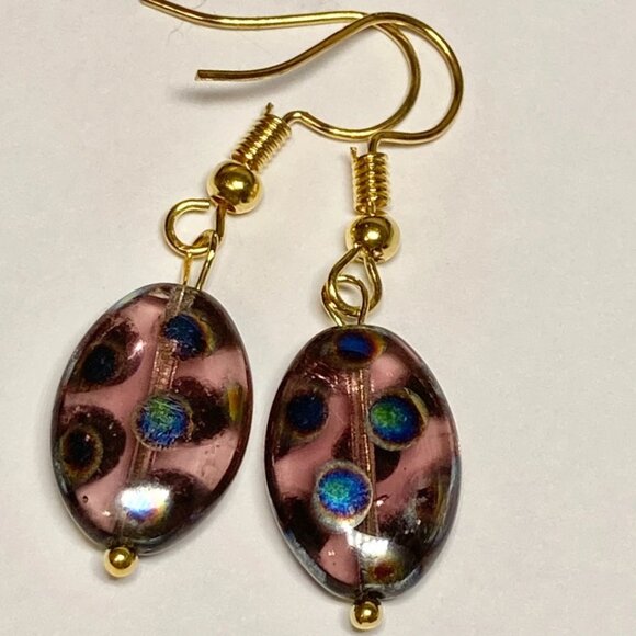 Murano Art Glass Oval Bead Earrings Czech Blue Circles Gold Plated HandMade - Picture 2 of 10